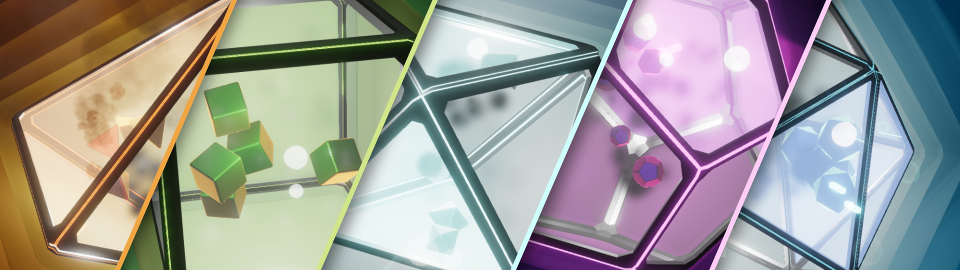 Playtonik physics shapes bouncing inside glowing musical containers.