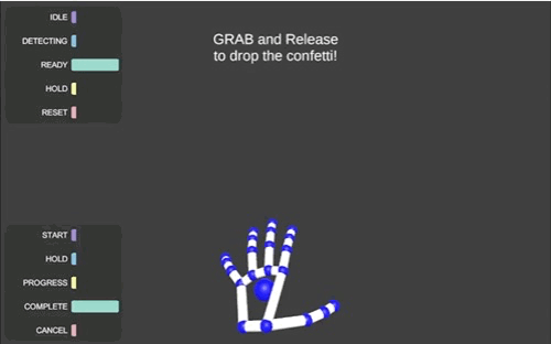 Video of showing a virtual hand grabbing and releasing, then confetti is release