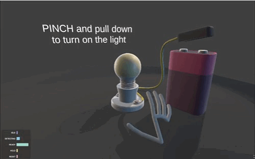 Animation of a hand pinching and moving down, turning on a light bulb