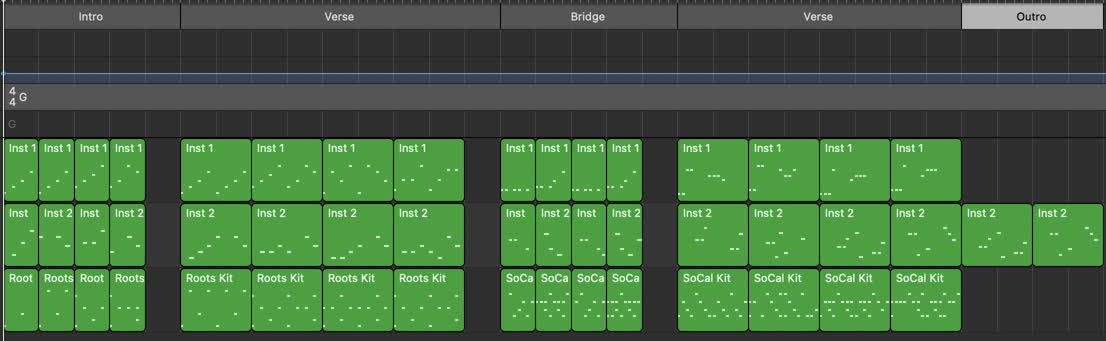 A Logic project with MIDI regions grouped by their "part" in the game