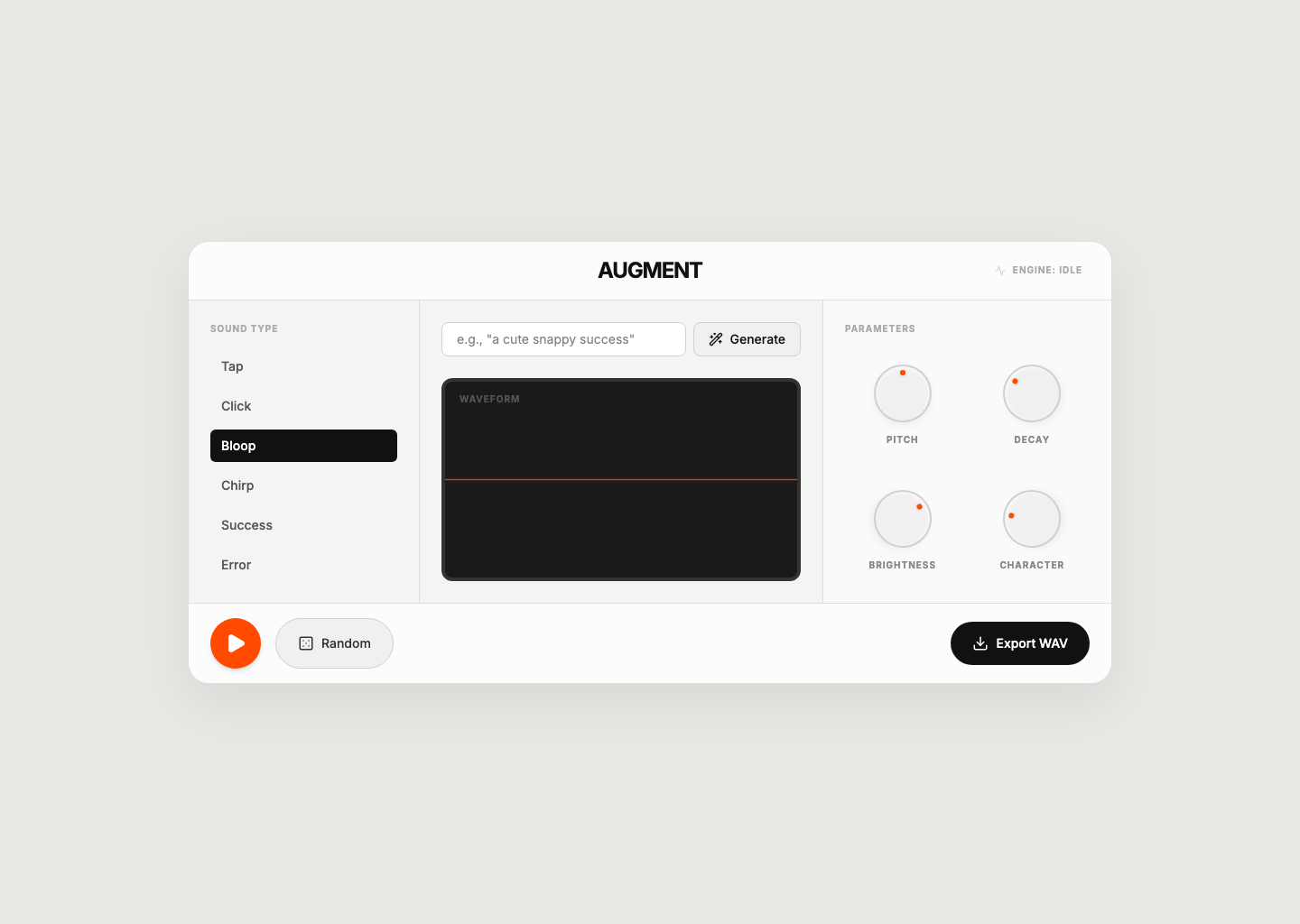 Augment screenshot showing interface sound controls, waveform preview & export button.