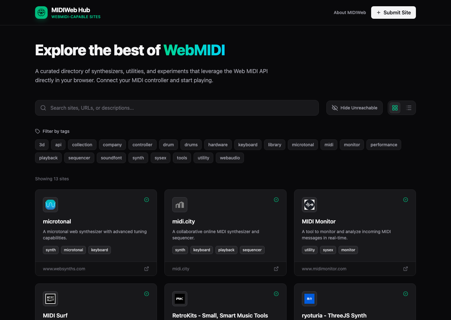 MIDIWeb-Hub screenshot showing tagged cards in a WebMIDI directory.