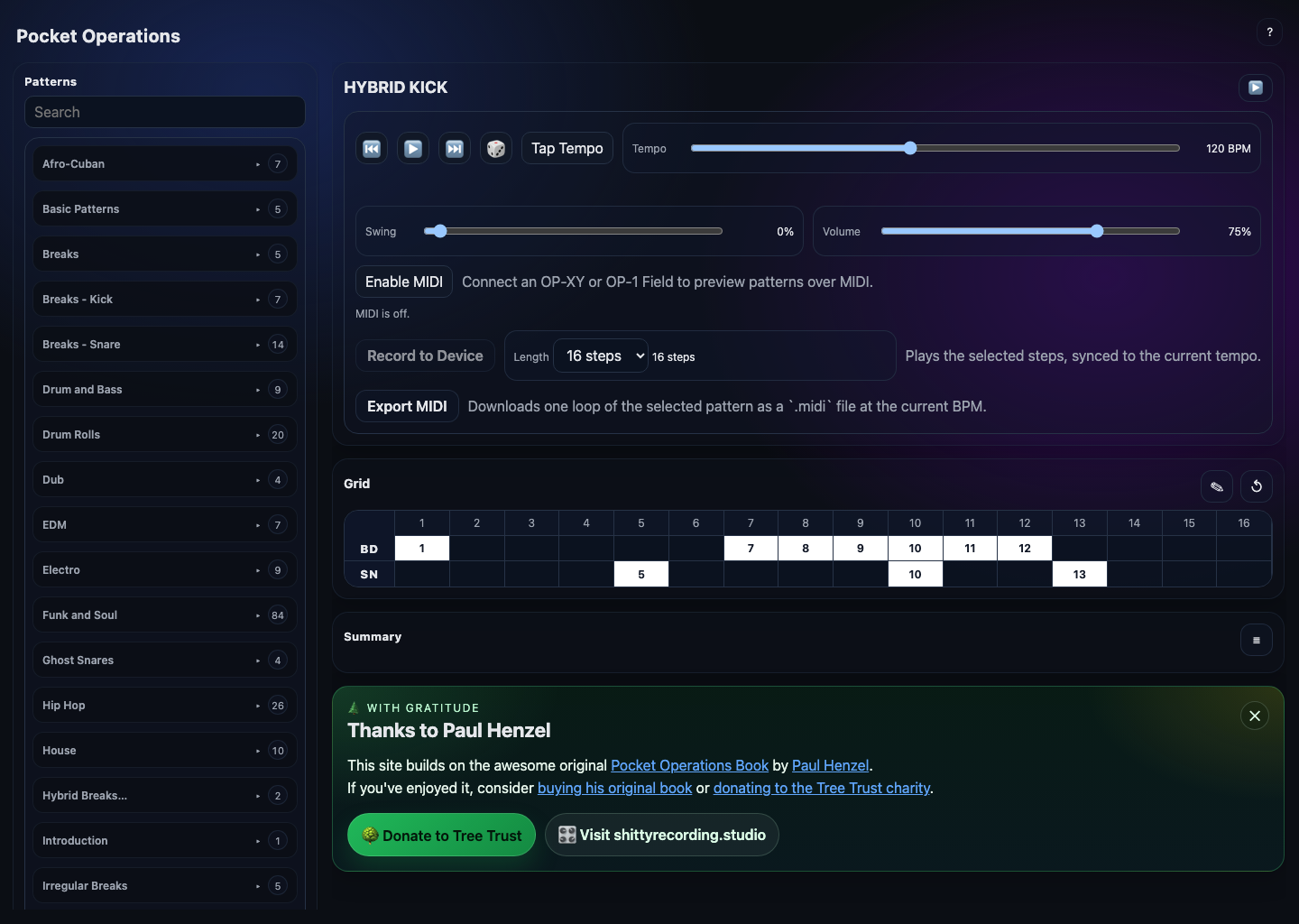 Pocket Operations screenshot showing pattern categories, transport controls & a grid sequencer.